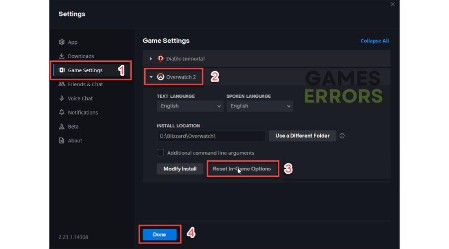 Overwatch 2 Reset in-game settings