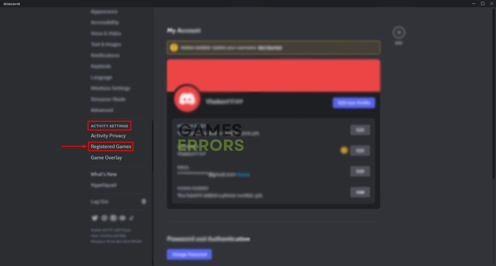 discord activity settings registered games