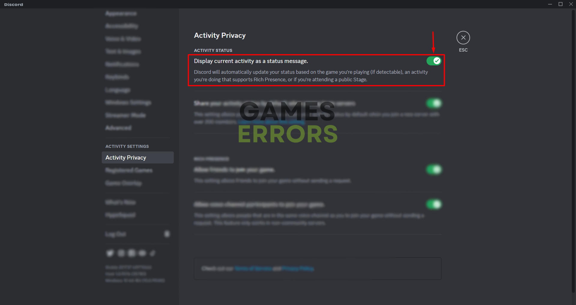 discord enable display current activity as a status message
