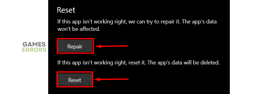 reset and repair buttons app advanced settings