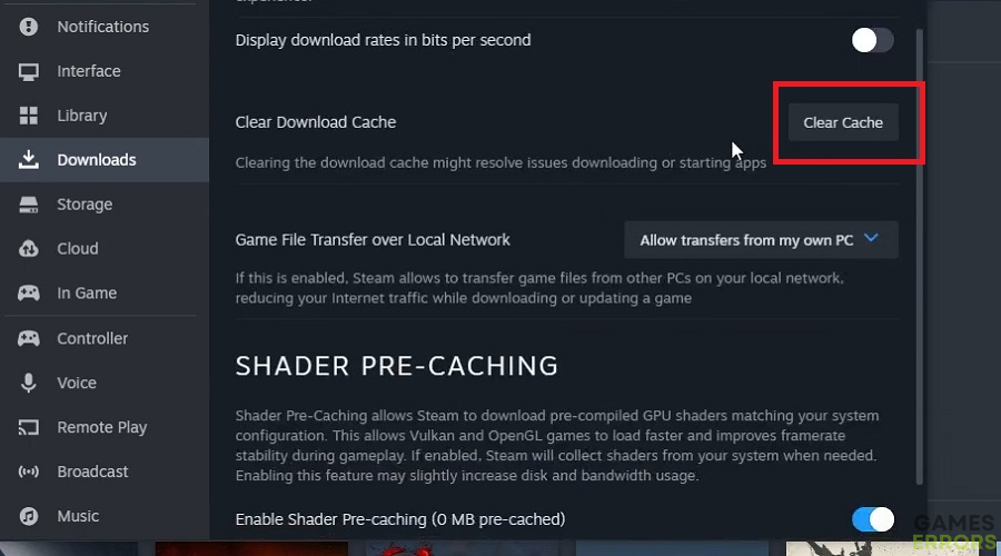 The Clear Cache option steam game stuck on validating