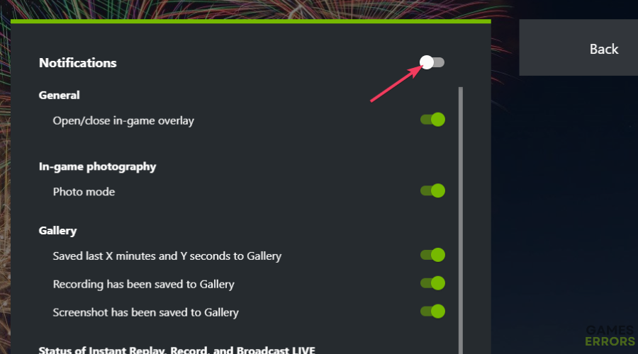 The Notifications option disable geforce overlay