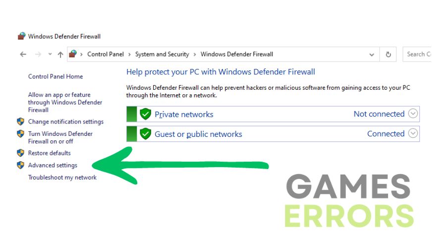 Advanced settings Windows Defender Firewall