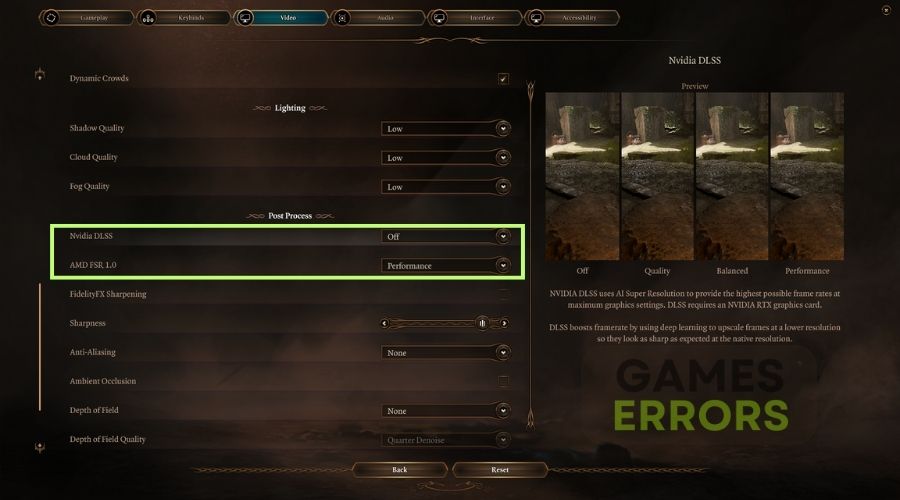 Baldur's Gate 3 Settings featuring Nvidia DLSS & FSR1.0