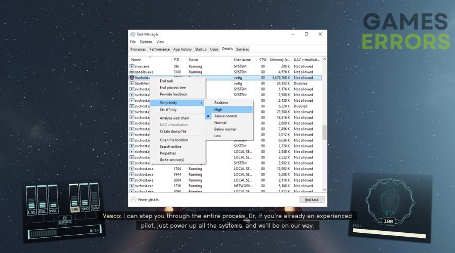 Starfield Background featuring the Task Manager option Set Priority set on High