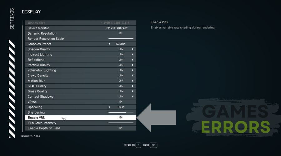 Starfield Display Settings featuring Enable VRS
