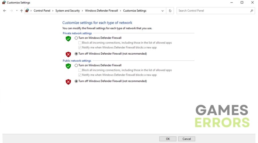 Customize Windows Defender Firewall Settings
