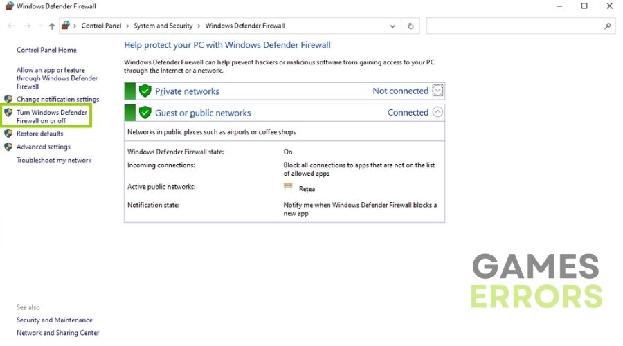 Windows Defender Firewall Settings featuring the Turn on and off button