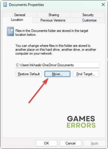 clicking move documents folder properties location