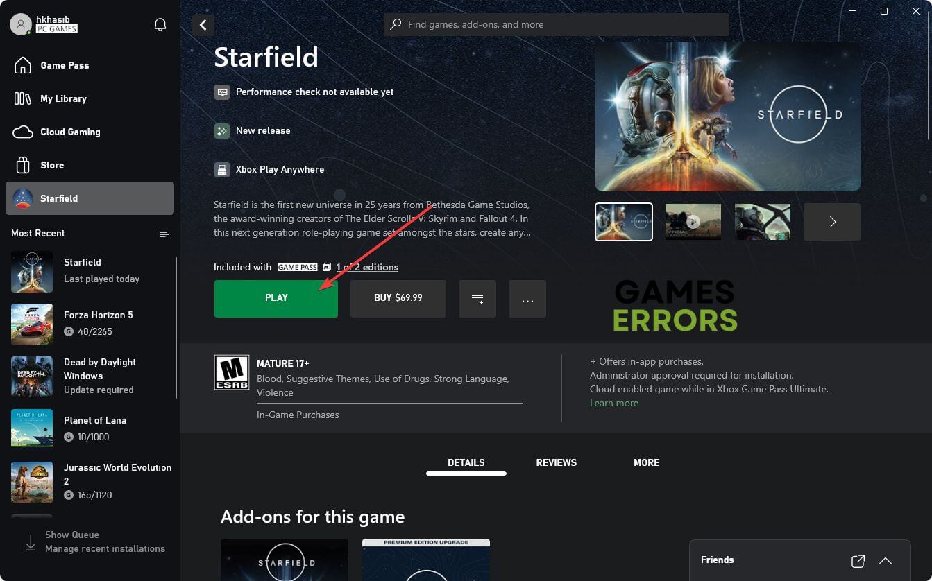 launching starfield xbox app