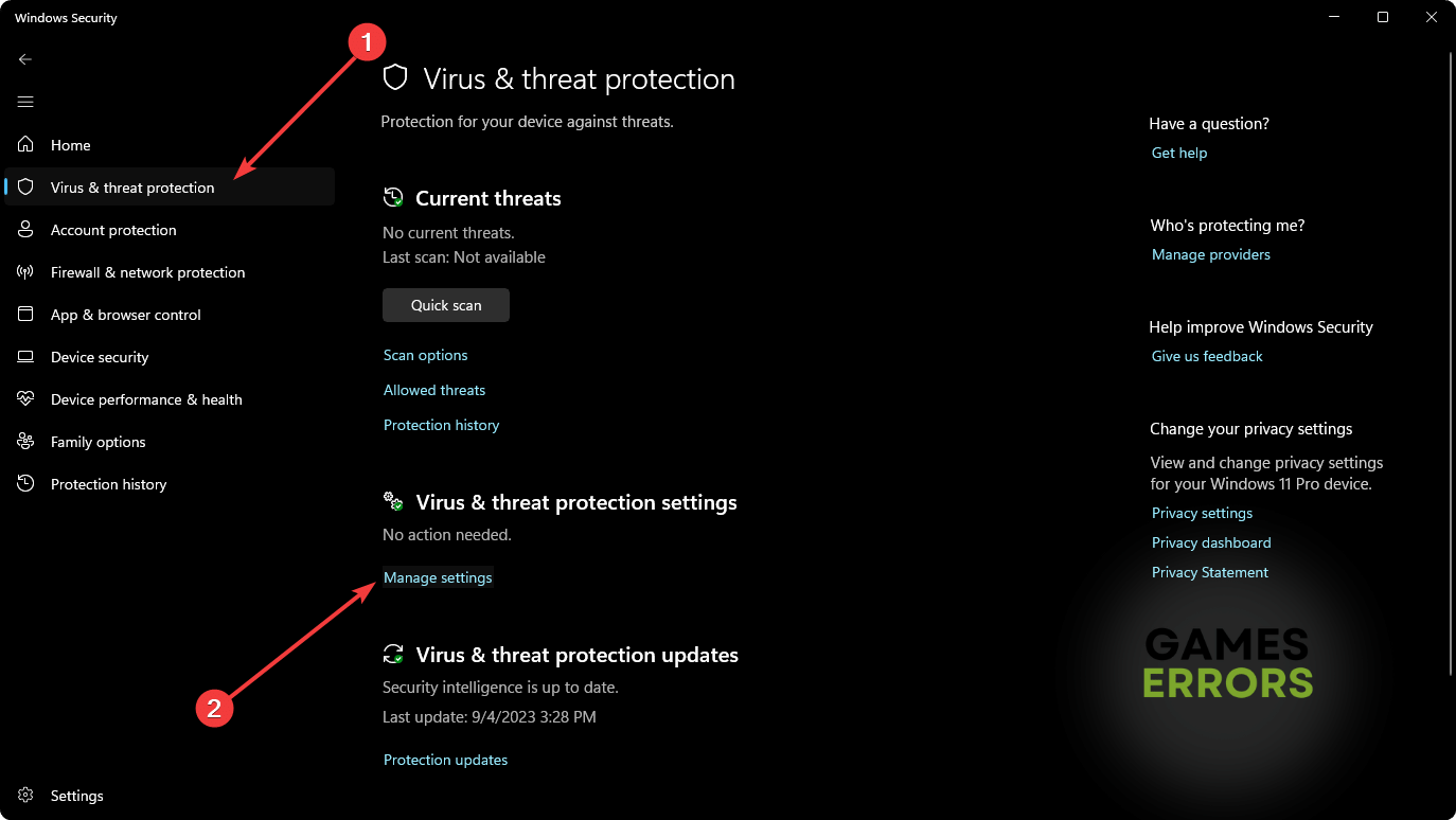 virus threat protection settings manage settings windows security