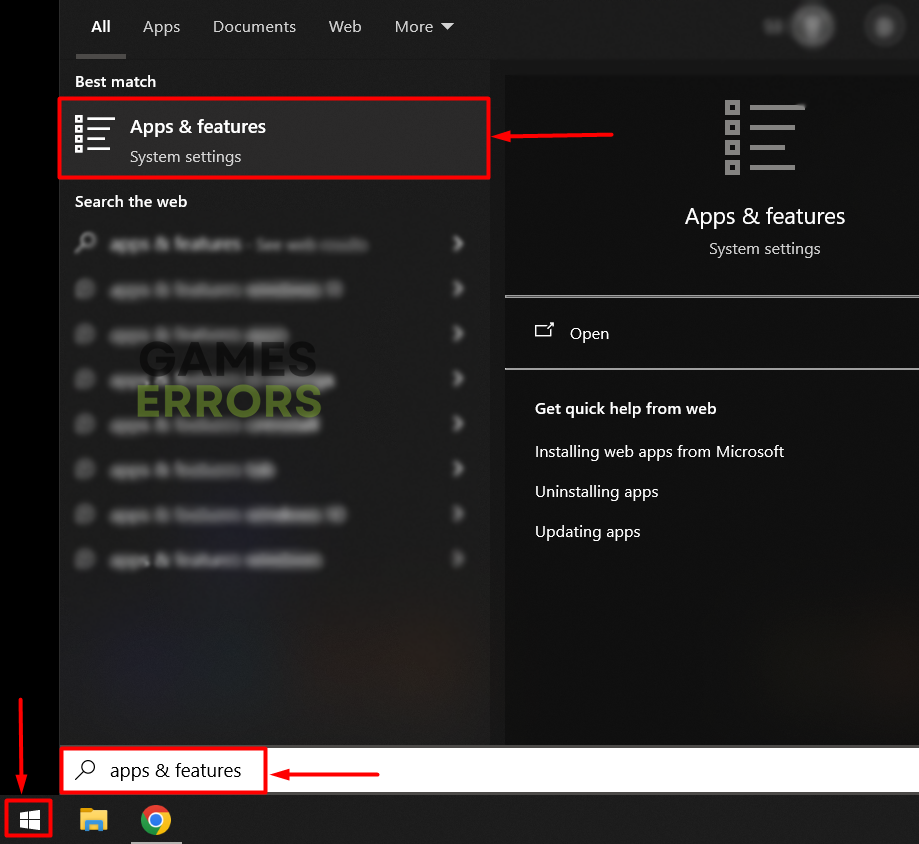 windows icon apps and features search