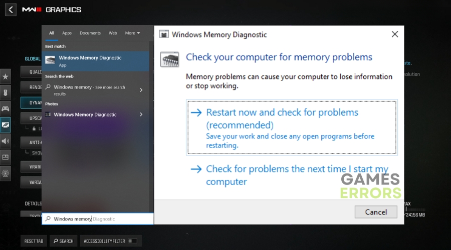 MW3 Game Settings Windows Memory Diagnostic